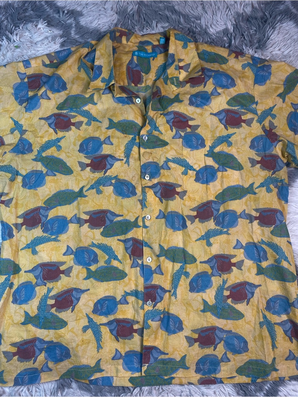 Tori Richard Mens Tropical Fish Button Up Shirt Size 2XL Yellow Aloha Beach